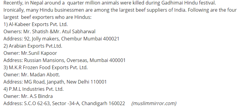 Dec-2014Out of six largest meat exporters, four are Hindus https://www.milligazette.com/news/11435-out-of-six-largest-meat-exporters-four-are-hindus/Out of six largest meat suppliers in India four are Hindus http://muslimmirror.com/eng/out-of-six-largest-meat-suppliers-in-india-four-are-hindus/