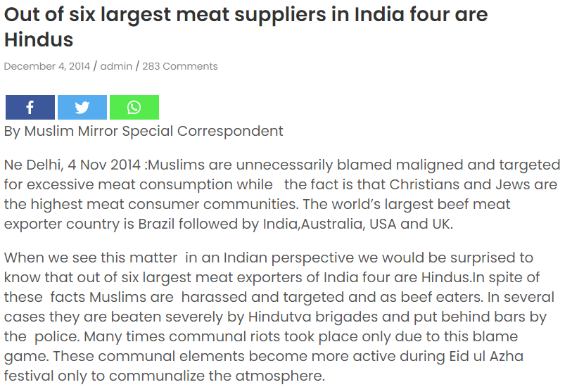 Dec-2014Out of six largest meat exporters, four are Hindus https://www.milligazette.com/news/11435-out-of-six-largest-meat-exporters-four-are-hindus/Out of six largest meat suppliers in India four are Hindus http://muslimmirror.com/eng/out-of-six-largest-meat-suppliers-in-india-four-are-hindus/