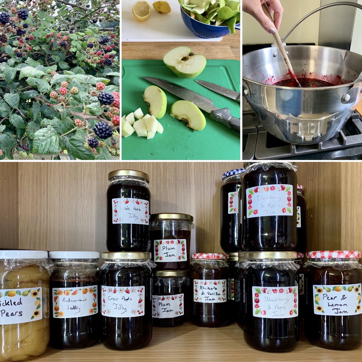 NikkiJB66's tweet photo. Food maths: Blackberries+Apples+Sugar=Jam   More jars for my preserves shelf... husband delivering some to our older/housebound village friends later! #HomemadeFOOD #Homegrown  #Buckinghamshire #cookingastherapy #frommygarden #kickingcancer @LakelandUK @bbcgoodfood https://t.co/n0WNst4IZV