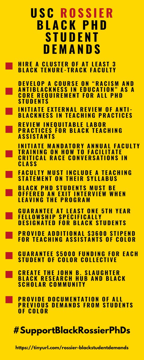 ASH_isGOLDEN's tweet photo. Black @USCRossier PhD students & alumni have made tremendous contributions to the Urban Ed. Policy program. Our labor is undervalued & unrecognized. Sign here to support us & RT! https://t.co/dofCnGlIv6 #SupportBlackRossierPhDs #ActionNotDistraction #NotAnotherListeningSession https://t.co/GNwOFaPAbU