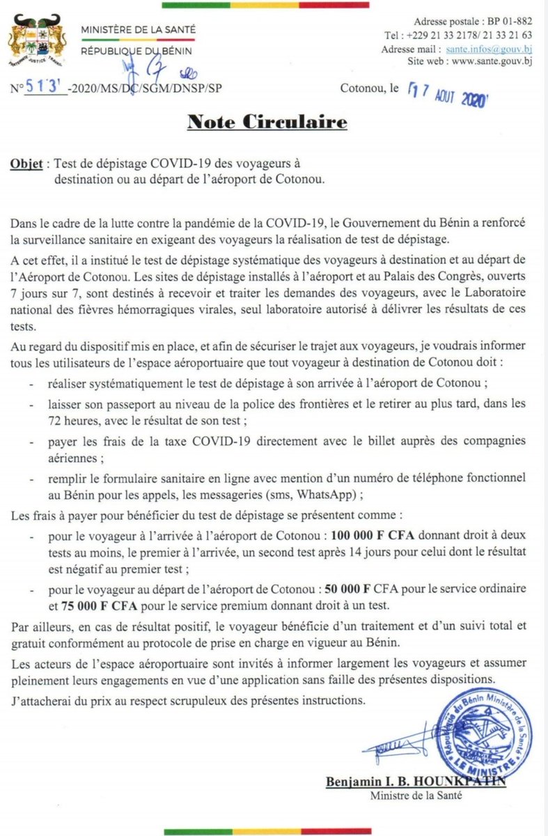 gouvbenin's tweet photo. #Wasexo #Covid19bj 
Note circulaire du Ministère de la santé rappelant le Test systématique de dépistage Covid-19 des voyageurs à destination ou au départ de l'aéroport international Cardinal Bernardin GANTIN de Cotonou dans le cadre du renforcement de la surveillance sanitaire. https://t.co/6KbxrQXUV7