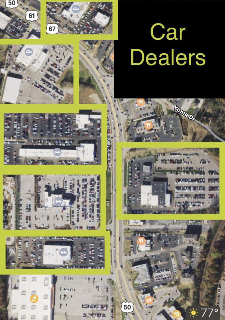 Here is zoomed in on ~ 1/4 or 1/2 mile section...It’s LOADED with car dealerships - they dominate the street.The other 1/2 mile is similar; it’s a mile straight of car dealerships.