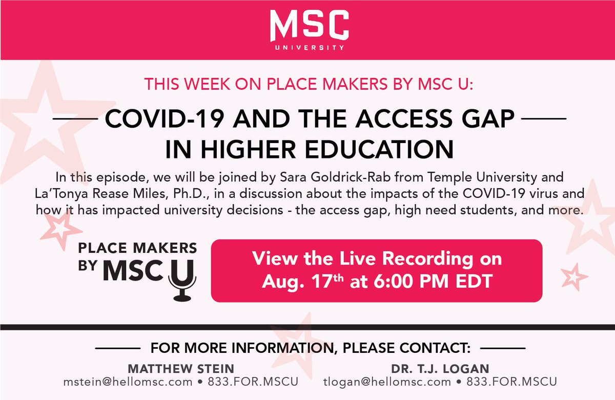 hellomsc_'s tweet photo. Happy #Podcast Day! We have a great episode planned for you all today. @saragoldrickrab from @TempleUniv &amp; founder of @hope4college + @DrLTMiles from @UCLA will be joining us to discuss tackling access in #highered 

#placemakers #mscu @TJLogan @ThatStein https://t.co/uG1FcWYklQ
