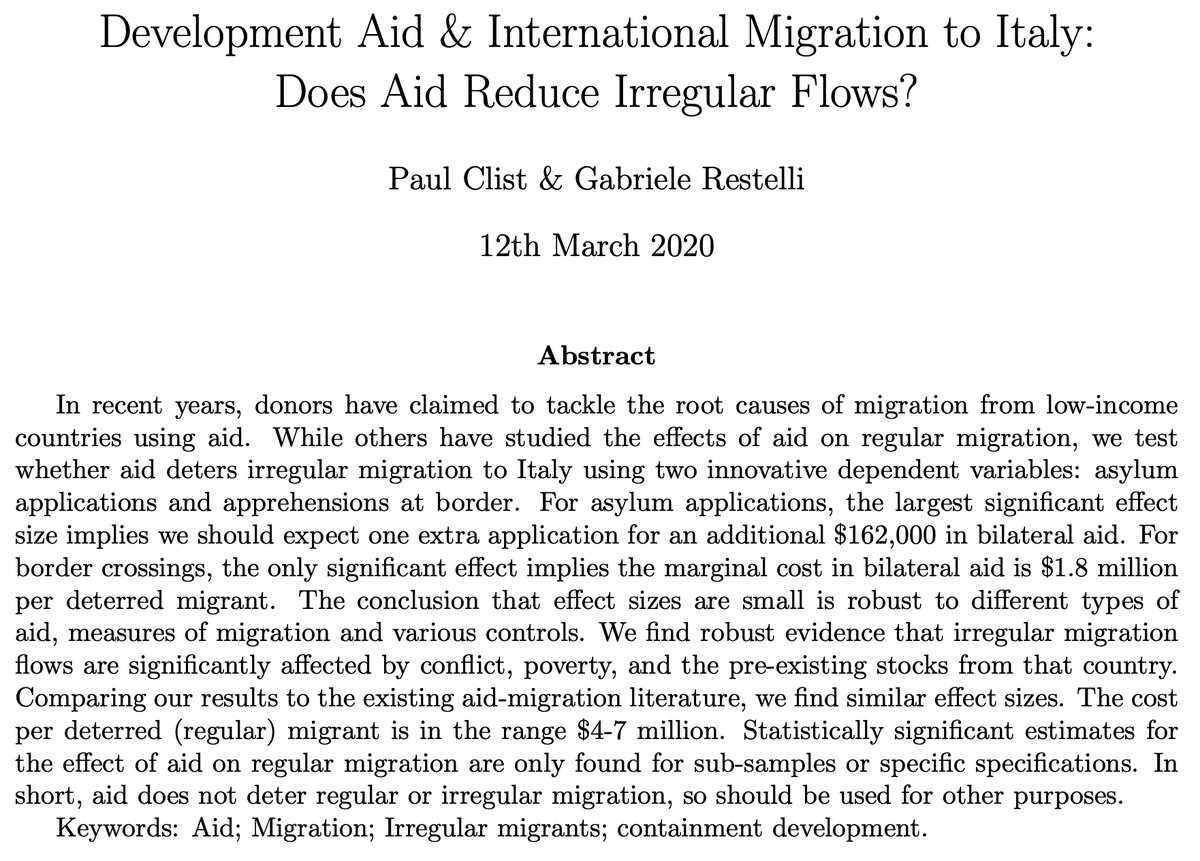 This week I'll tweet a lot about development, aid, and emigration from low-income countries. First: a new estimate of the cost, in foreign aid, to deter one irregular migrant to Italy: US$1.8 *million*.By  @paulclist & Restelli in The World Economy—>  https://doi.org/10.1111/twec.13017