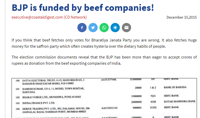 Dec-2015Bjp is funded by beef companies http://www.coastaldigest.com/bjp-funded-beef-companiesBJP got Rs 2.50 cr in donations from firms exporting buffalo meat https://timesofindia.indiatimes.com/india/BJP-got-Rs-2-50-cr-in-donations-from-firms-exporting-buffalo-meat/articleshow/50195323.cms