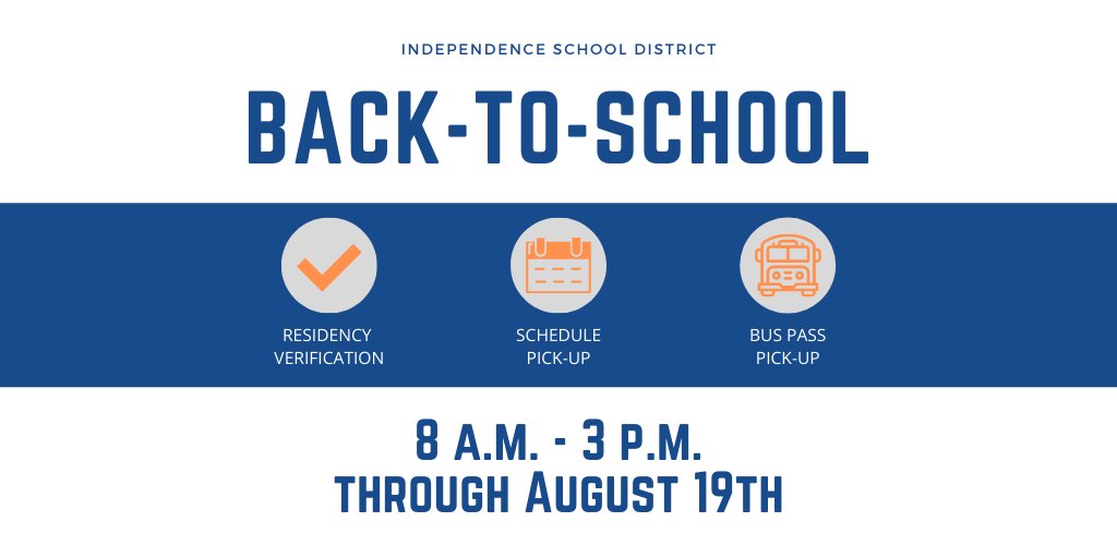 ISDSchools's tweet photo. Residency verification, schedule pick-up and bus pass pick-up will continue for all grade levels between 8 a.m. and 3 p.m. through August 19th. Find important back-to-school information here: https://t.co/Uh76OLcZAG #isdstrong https://t.co/ho5urxyL1G