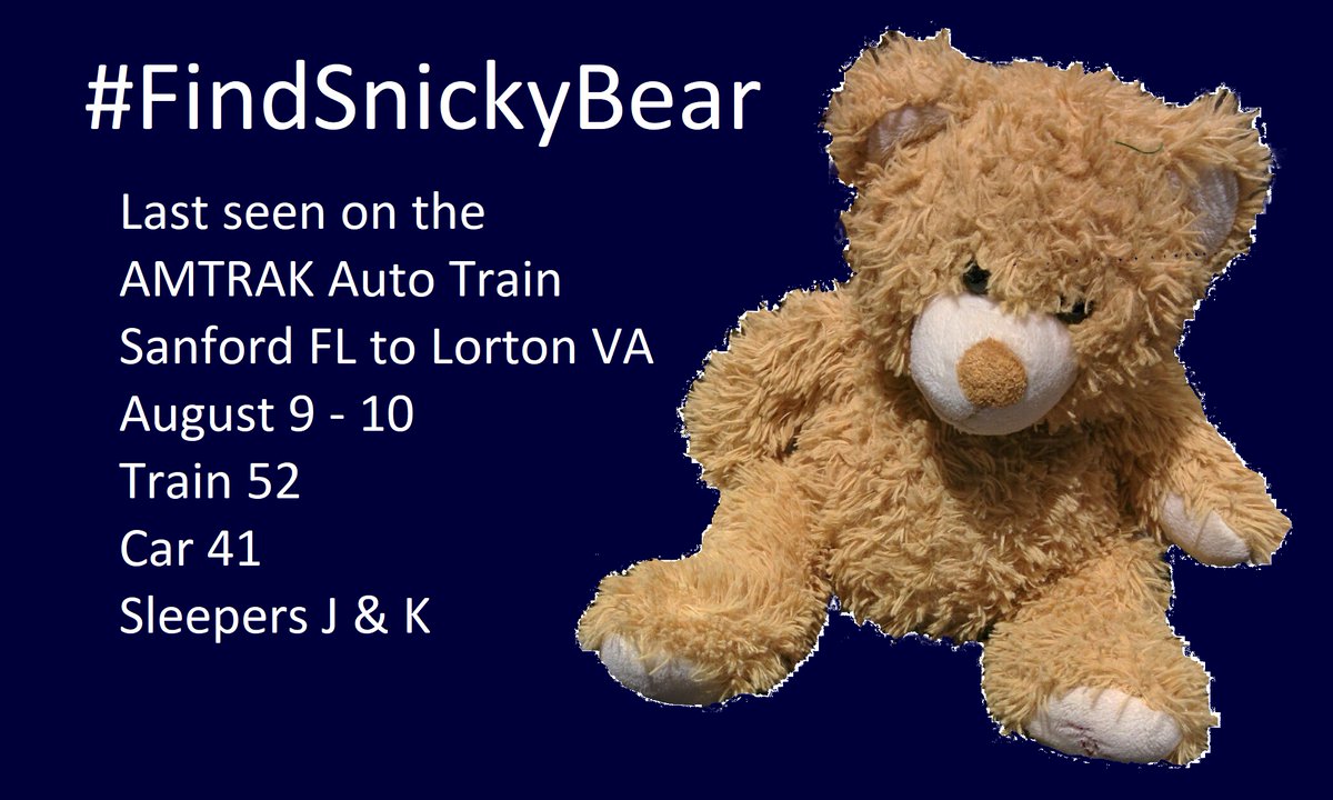 Lost my best bear on the train. Snickerdoodle, or Snicky for short. #Amtrak #AutoTrain #SanfordFlorida #LortonVirginia #FindSnickyBear please help. I think he went out with the laundry, which I'm told goes back to Sanford.