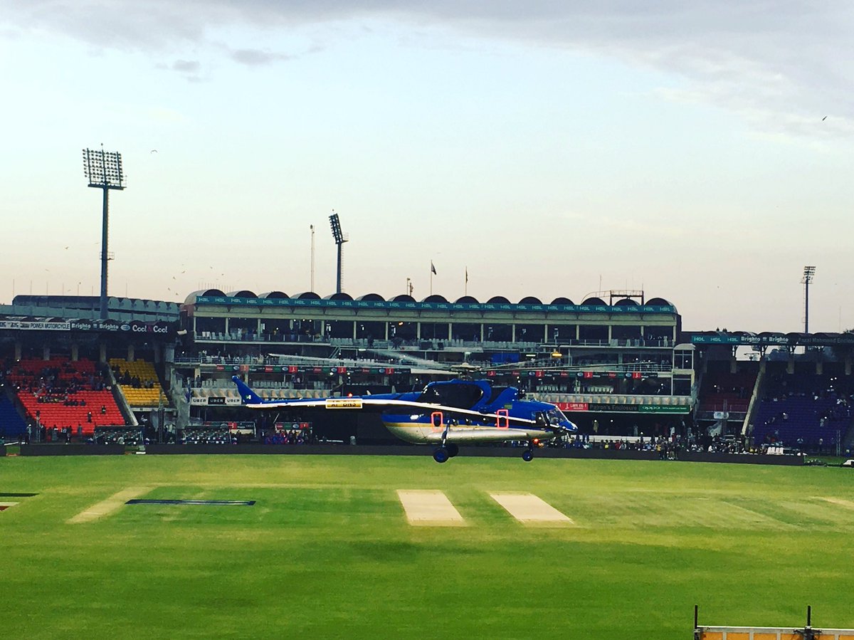 Peshawar vs Karachi, Lahore, 2018. It rained for many hours and the play didn't look possible at one stage. But once the rain stopped, PCB called two choppers to dry the field. Groundsmen got it ready for a 16 overs match.  #PSL