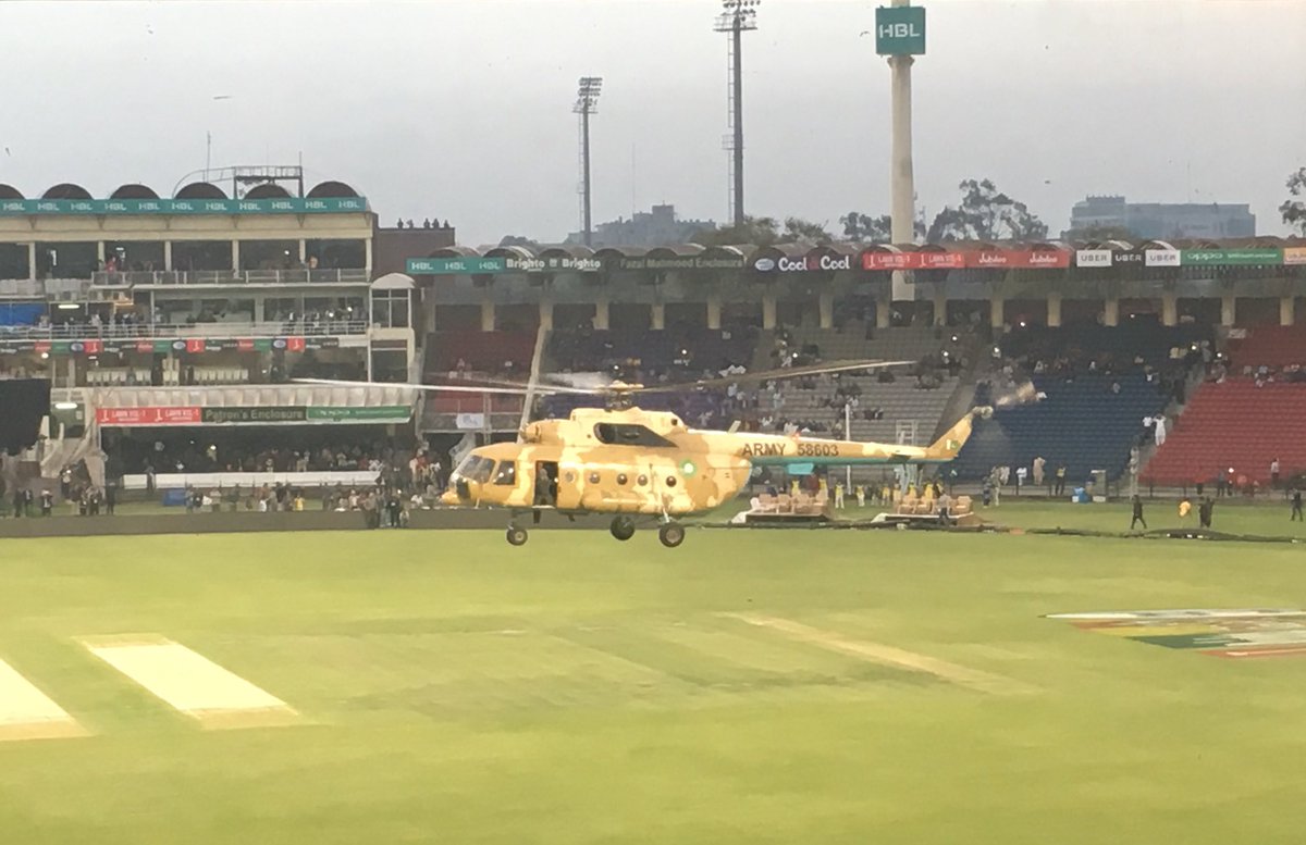 Peshawar vs Karachi, Lahore, 2018. It rained for many hours and the play didn't look possible at one stage. But once the rain stopped, PCB called two choppers to dry the field. Groundsmen got it ready for a 16 overs match.  #PSL
