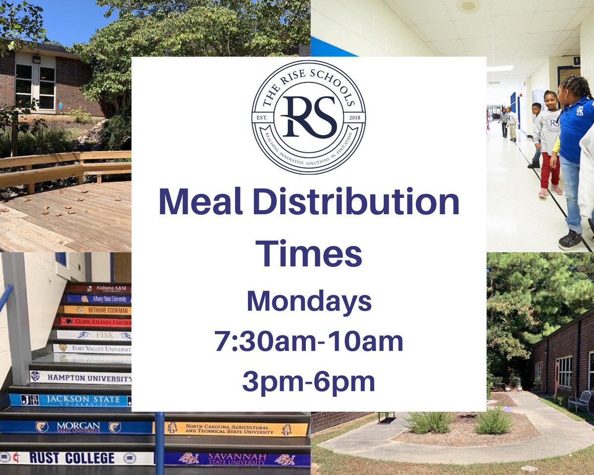 TheRISESchools's tweet photo. Hello RISE Family!! Our weekly meals distribution will take place every Monday from 7:30am-10am and 3pm-6pm. See you soon! #RISE #RISEUP #AboveAllElseWeRISE #GACharterStrong #EastPoint https://t.co/siF3UGamlq
