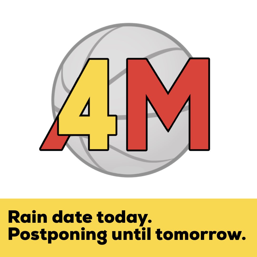 4AM_Basketball's tweet photo. The weather has forced us to make the difficult decision to postpone today’s session as a rain date. This is unfortunate, but necessary for safety.

This means that Day 1 will be tomorrow and we will go Tuesday-Friday.

We can't wait to kick things off tomorrow evening! #4AM https://t.co/BP2oOpRg2A