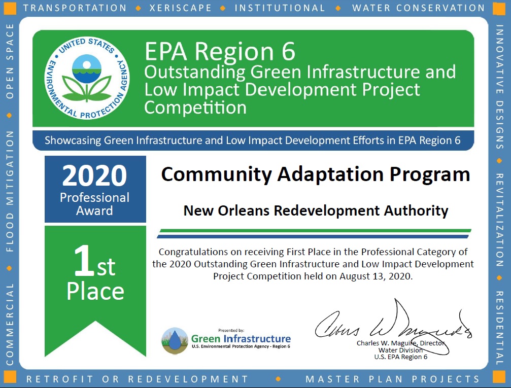 NORArevitalizes's tweet photo. The #CommunityAdaptationProgram is #1! We won 1ST PLACE in the Professional and People's Choice categories of the 2020 EPA Region 6 Outstanding Green Infrastructure & Low Impact Development awards. We share the win with @resilientNOLA @aptimglobal & DBA. Thanks to all who voted! https://t.co/wP92rqaJb7