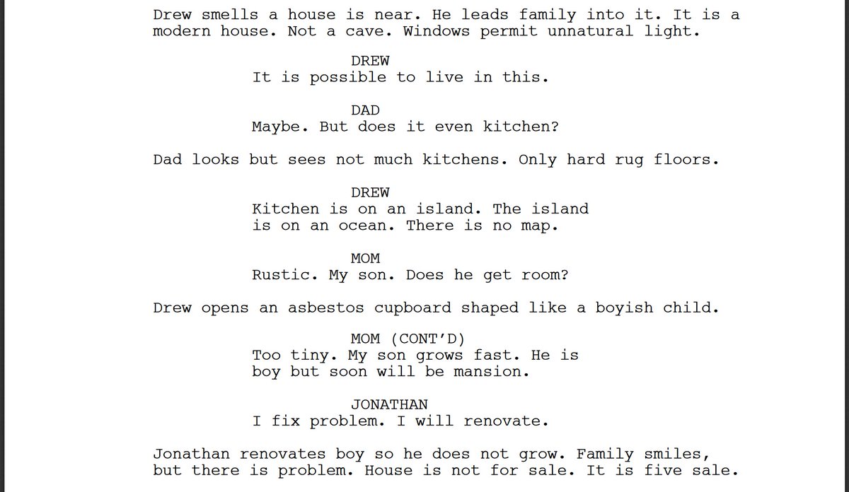 I forced a bot to watch over 1,000 hours of Property Brothers and then asked it to write an episode of Property Brothers of its own. Here is the first page.