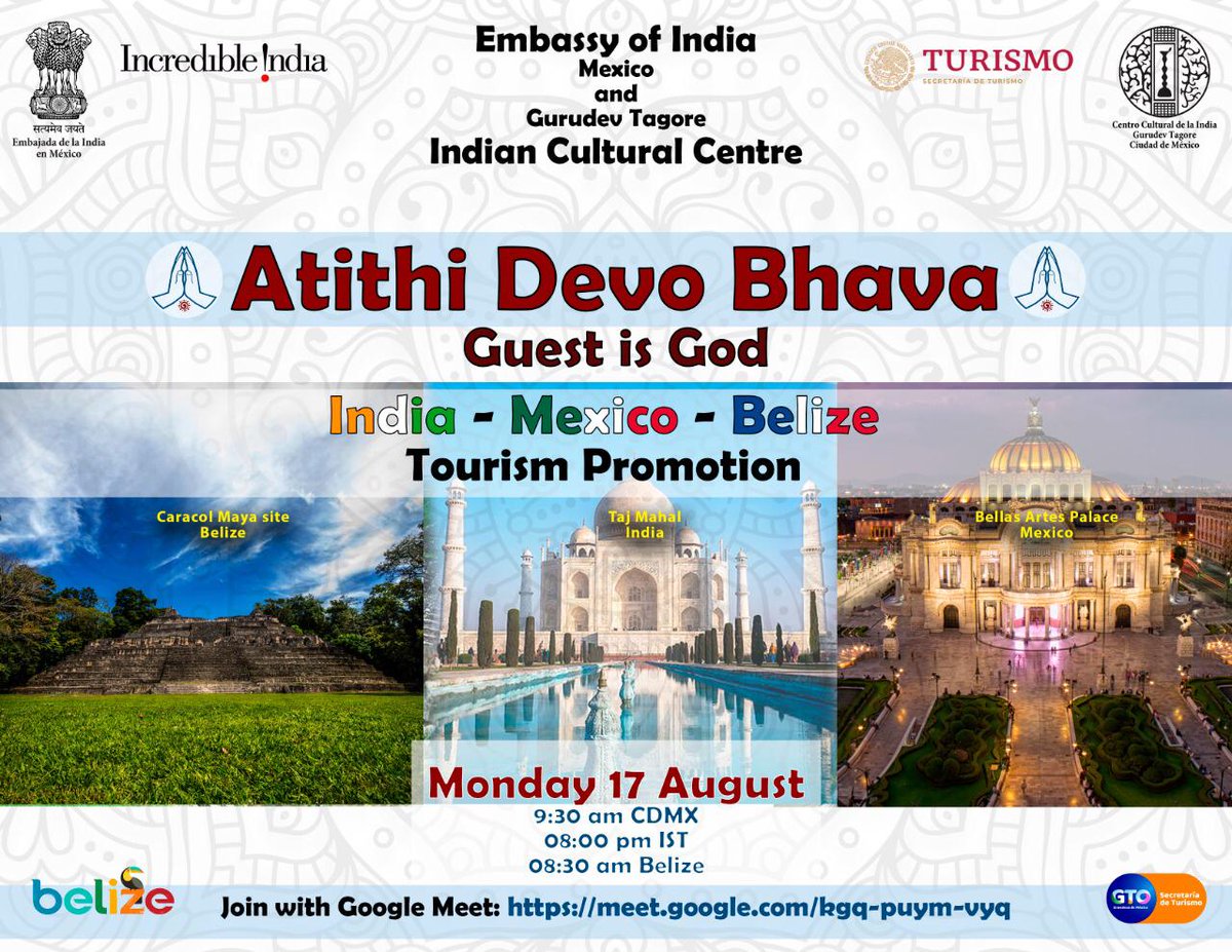 HAPPENING NOW: In an effort to promote cross tourism between India, Mexico, and Belize, the Belize Tourism Board has been invited by the Embassy of India in Mexico to conduct a country presentation this morning! To join, visit meet.google.com/kgq-puym-vyq and share with friends!