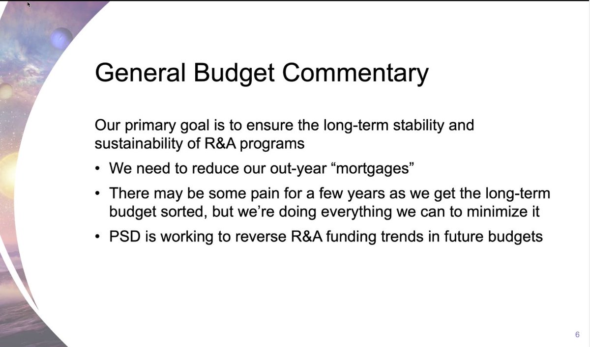  #NASA  #PAC Stephen Rinehart Have to maintain a long term stability, have to start pulling things back with $$ we expect to get, leadership has been very supportive in protecting R&A programs.