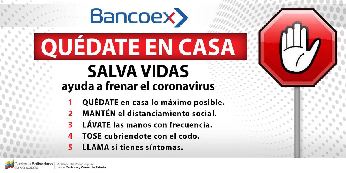BancoexVE's tweet photo. Desde @BancoexVE te recomendamos mantenerte protegido, cumpliendo con la cuarentena social y colectiva, y las medidas establecidas por la Organización Mundial de la Salud (OMS), para prevenir  el contagio del #COVID-19 🦠.

#QuédateEnCasa https://t.co/zwJccSGmtH