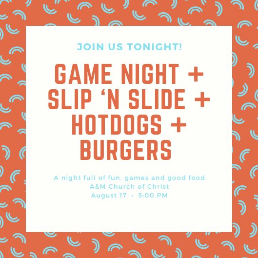 AggiesForChrist's tweet photo. TONIGHT: meet us at A&amp;M Church of Christ at 5pm for games, slip n slide, food and fellowship!!! You won’t want to miss it. Also, please bring your mask! Let us know if you have any questions. See you tonight!!!
#tamu24 #aggiesforchrist #howdyweek https://t.co/M6DLiJul9a