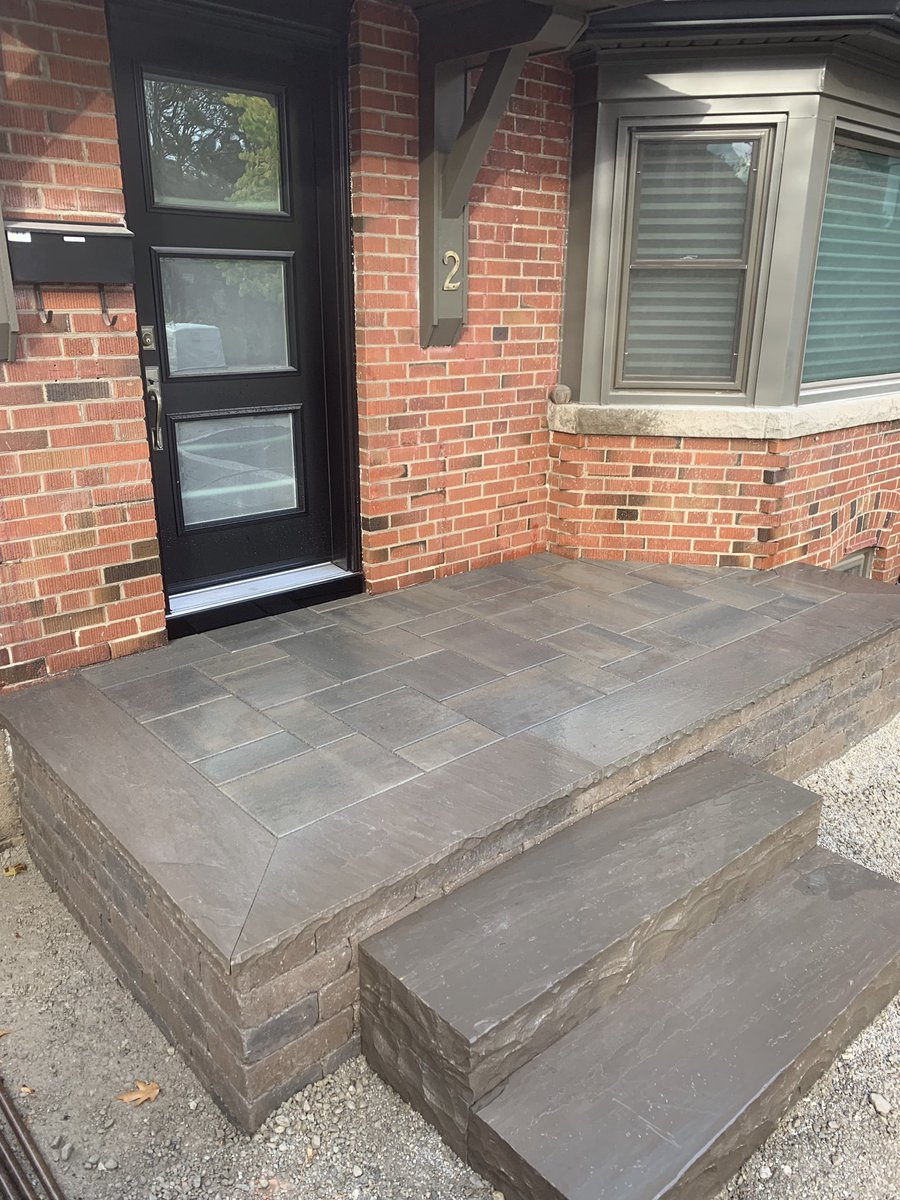 MrInterlock's tweet photo. Bloor West Village has been good to us.  This is another modest front entrance make over.   Interlocking courtesy of @techobloc walling is from our good friends at @UnilockLife and steps/wall capping are from @BanasStones Mixing and matching is our forte! CALL/DM FOR ESTIMATE! https://t.co/DkoL6tpGqM