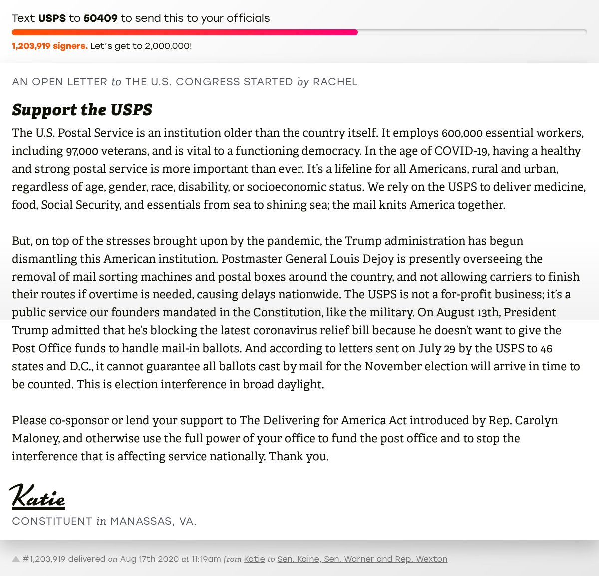 openletterbot's tweet photo. 🖋 Sign “Support the USPS” and I’ll deliver a copy to your officials: https://t.co/GjO2cQ6Sqq

📨 No. 1,203,919 is from Katie to @timkaine, @MarkWarner and @RepWexton #VA10 #VApol #SaveTheUSPS https://t.co/CgWaKg4Ihg