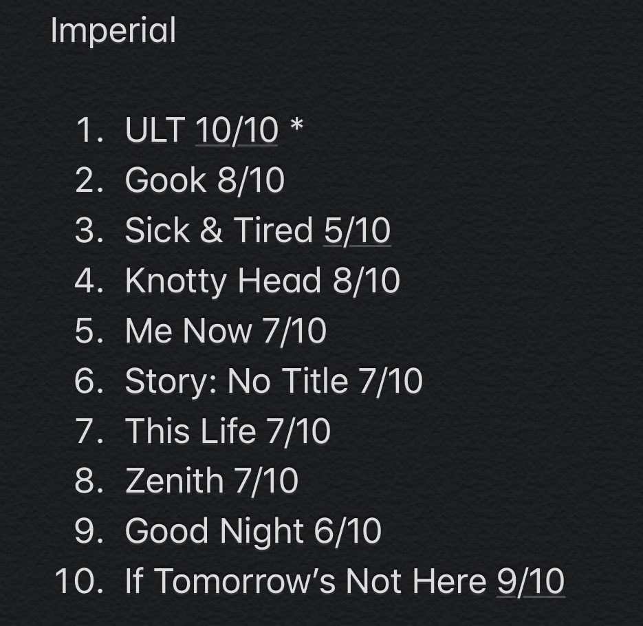 Imperial - Zel’s energy is amazing all throughout the album - Production is good not great, got outshined by his rapping - Rick Ross has the best verse on the album - Good variety of songs - Short under 40 min easy listen Old Rating 8.5/10New Rating 8.0/10