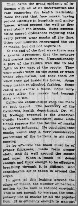 11/ How about a post-mortem on masks? Fast-forward to 1920. St. Louis Globe-Democrat Feb 11. After praising the use of masks for medical personal the article notes: "At the end of the first wave there was a general agreement that the measure had proved ineffective."