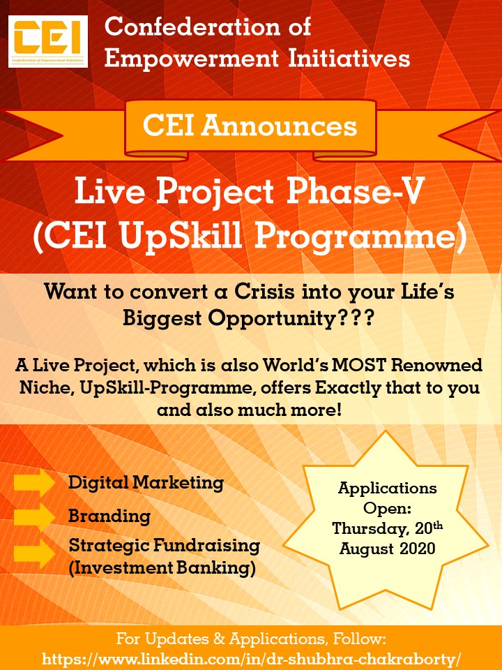 CEIempowers's tweet photo. Want to convert a Crisis into your Life’s Biggest Opportunity??? 

Coming Soon: CEI Live Project (CEI UpSkill Programme) – Phase 5!

👉Applications OPEN on: Thursday, 20th August 2020
👉Where? – https://t.co/2G72p48ZFM
👉When? – 10.00 AM https://t.co/IokjvKa3FW