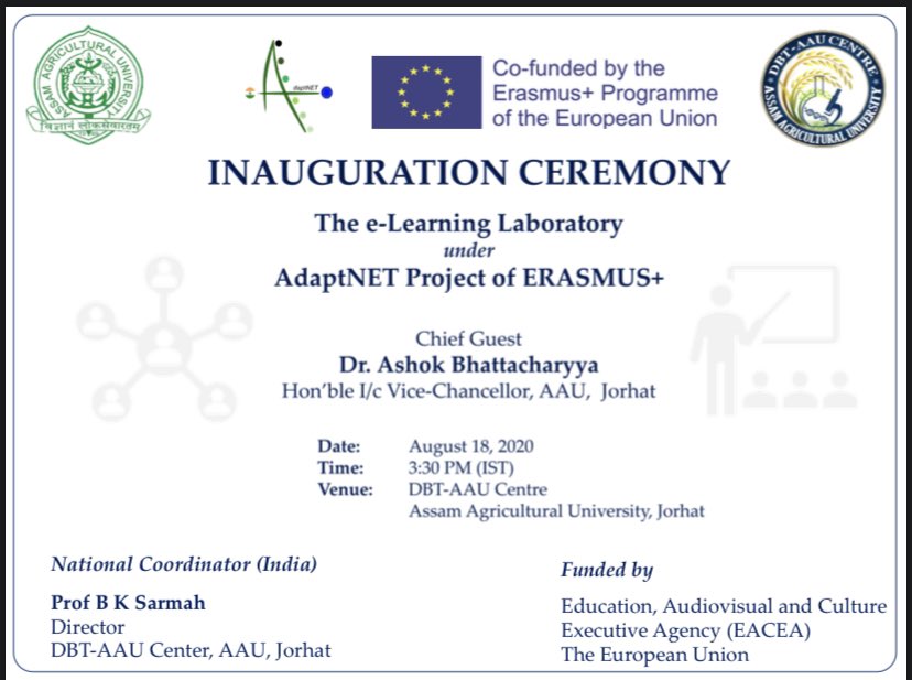 We are happy to inform you that the e-learning laboratory under the AdaptNET project, will be inaugurated at AAU tomorrow at 3:30 PM IST, Hon’ble VC, AAU, abiding by the governmental restrictions for the pandemic situation. @adapt_net @DrBidyutKrSarm1 @AVoloudakis
