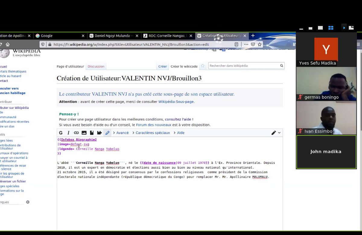 En ligne déjà de notre webinar pour le compte de WikiPermanence du jour. Merci à ceux qui sont déjà là.
#wikipedia #100joursdecontributions 

<a href="/abelmbula/">Abel LIFAEFI MBULA</a> <a href="/MaryAembe/">Mary Aembe</a> <a href="/Wikimedia_Fr/">Wikimédia France</a> <a href="/Wikipedia_fr/">Wikipédia en français</a>