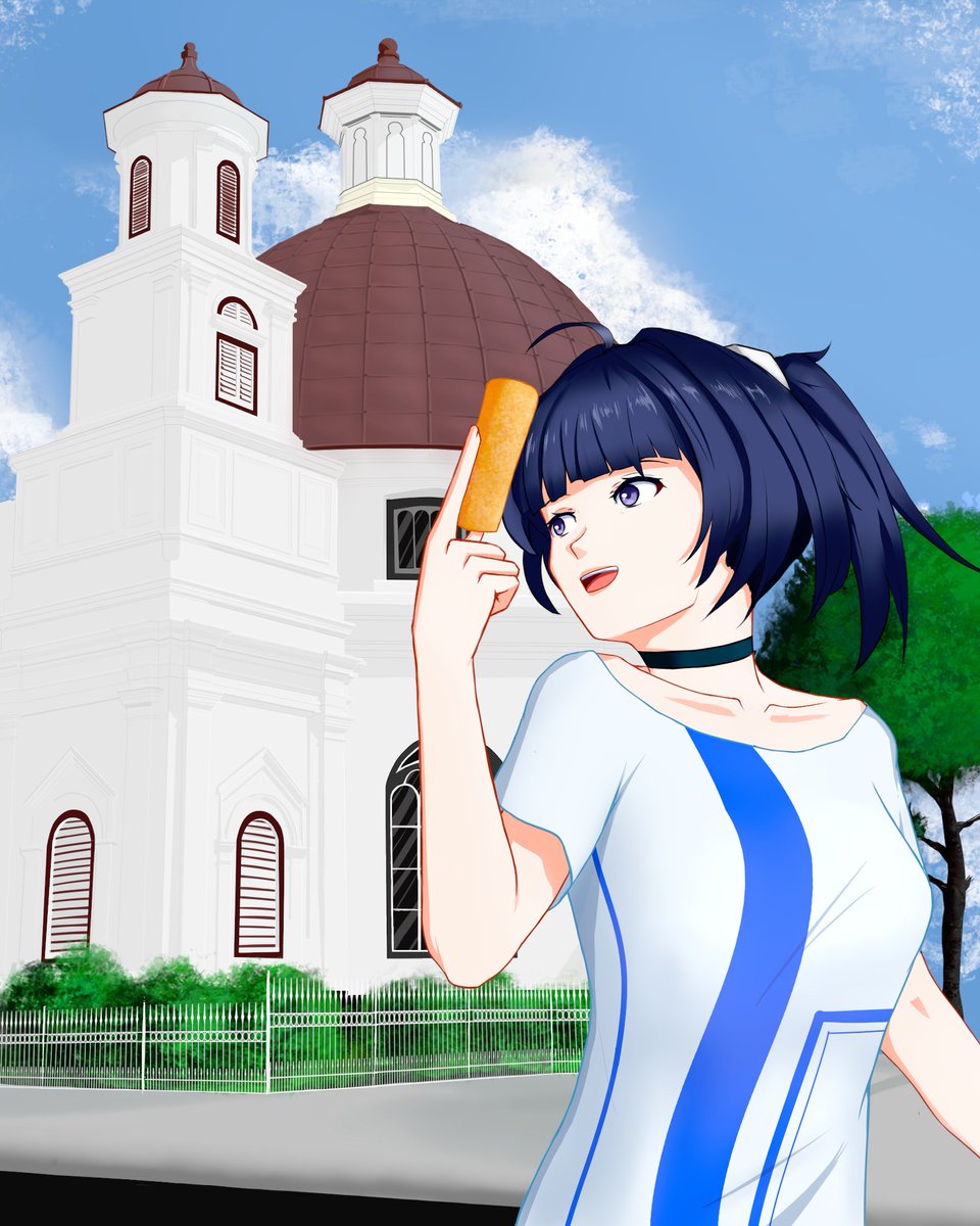 lil_SACHet's tweet photo. My entry for Lost Gems - Fan Art Contest 2020
Raiden Mei is taking a photo w/ the Dome Church (known by locals as Gereja Blenduk) as the background while holding the town's local snack; a fried spring roll filled with seasoned bamboo shoot, lumpia
#HonkaiMemory #illustration https://t.co/j9gBLdBnru