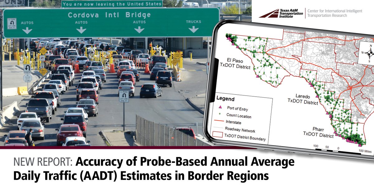 TTITAMU's tweet photo. The Center for International Intelligent Transportation Research evaluated how accurate alternative methods — such as using mobile device data — are in calculating annual average daily traffic (AADT) estimates for U.S.–Mexico border crossings. Read: https://t.co/ieommlaH8u #CIITR https://t.co/Y9IQV6BGgF