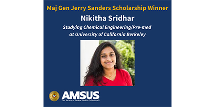 AMSUS's tweet photo. Congratulations Nikitha Sridhar and best wishes from AMSUS as begin your chemical engineering/pre-med studies at the University of California Berkeley this fall! https://t.co/MDL2gC1FGp #federalhealth #premedstudent #joinamsus https://t.co/sASFgE8wao