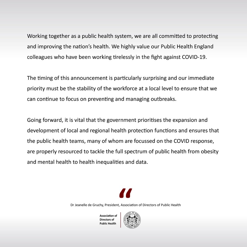 ADPHUK's tweet photo. ADPH President, @Jeanelleuk, responds to the reports on Sunday that @PHE_uk is to be replaced https://t.co/dxx0dDO4eh