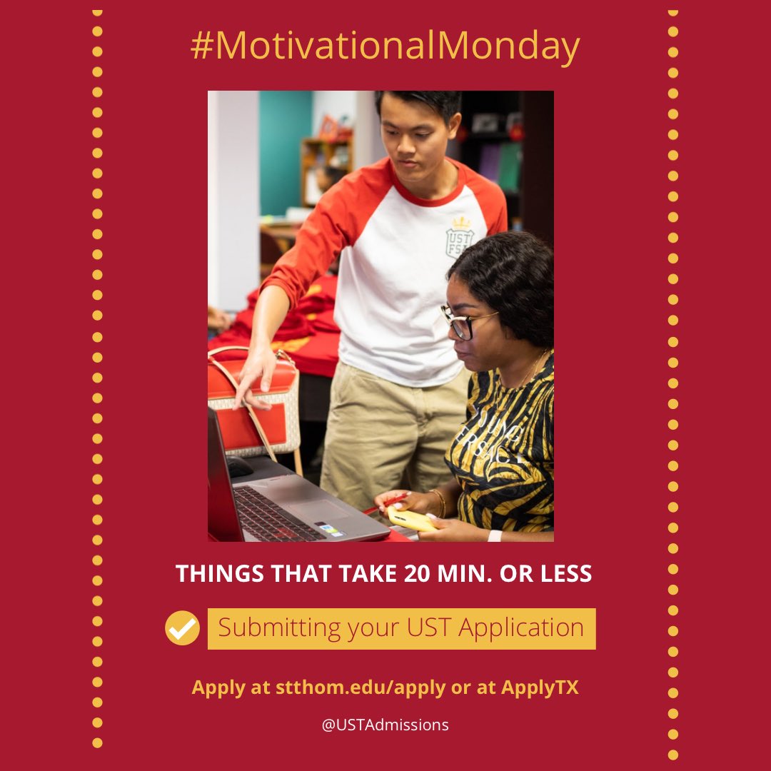 USTadmissions's tweet photo. The most valuable thing we can spend is our time and what better investment than taking the first step to starting your career as a #FutureCelt. You can start one today by visiting https://t.co/zFLiTWz10h. 🦁
#USTHouston #Collegeplanning https://t.co/4ZCTyYRVHl
