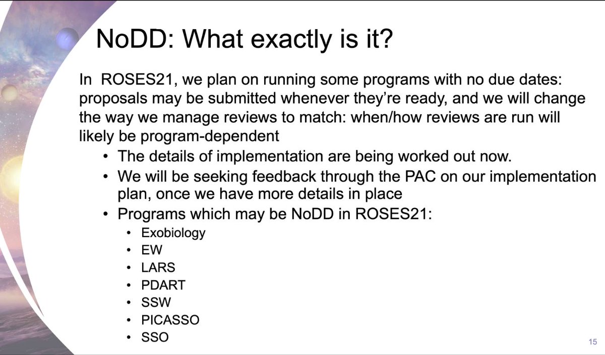  #NASA  #PAC Stephen Rinehart - We will try to do some programs in '21 with no due dates. Programs that are currently under consideration are on the slide.