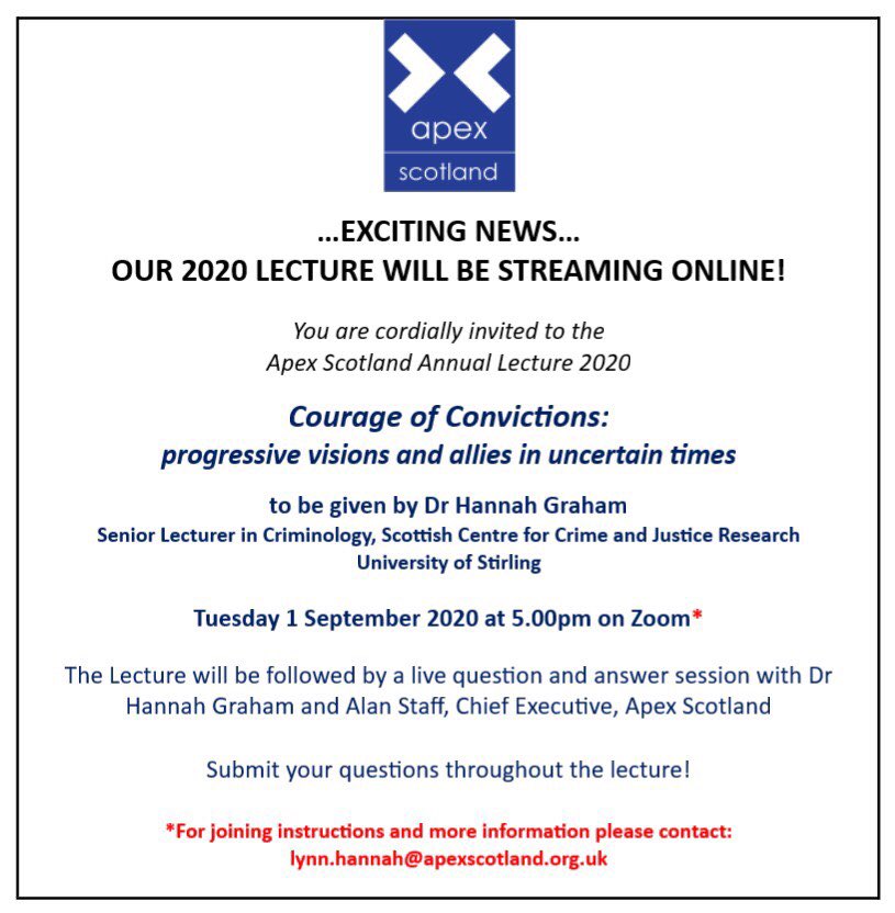 Privileged to be giving <a href="/apexscotland/">Apex Scotland</a> Annual Lecture! Stunned to be asked tbh! 

This #ApexLecture will be online 
(alas, no 🥂 in Signet Library)

I'll speak of moral courage and professional &amp; political bravery, and the strategies in+beyond Scottish Justice that'll require them