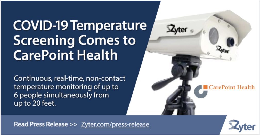 michaeledonner's tweet photo. #Zyter #ThermalAlert, a smart thermal scanning &amp; imaging system for automated, accurate, mass #temperature screening, has gone live at three New Jersey hospitals operated by #CarePoint Health

Learn more: https://t.co/E2tcrKHf4P

#CompetitiveMarketingAdvantage #ChiefMarketingExec https://t.co/NitIJw3BlU