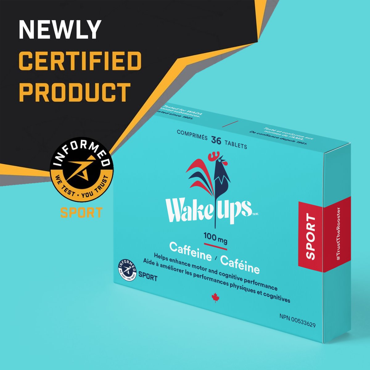 wetestyoutrust's tweet photo. Congrats Wake-Ups on the Informed Sport Certification of Wake-Ups Sport 100mg Caffeine Tablets. Every batch of this product will be pre-market tested for banned substances - providing assurance to athletes! #wetestyoutrust #InformedSport #wakeups #trusttherooster https://t.co/022oUfWkQs