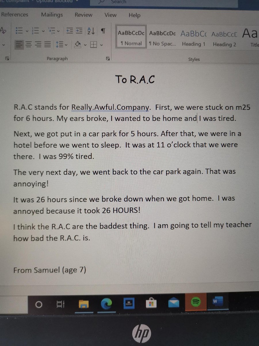 NettyB1974's tweet photo. @TheRAC_UK @RAC_Care just thought you might want to see a letter from Samuel age 7. He and his family mum dad brothers 9&amp;12 less than 3 hours from home. The rescue took 26 hours. 6 hours of which the family lodged on side of M25 !!! #rac #racbreakdown https://t.co/Kl9mOfcUPY