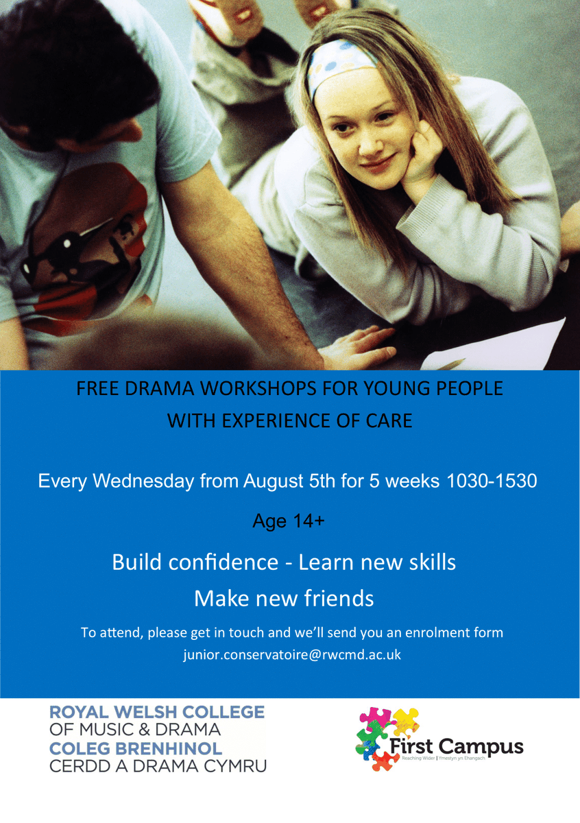 YoungRWCMD's tweet photo. Free online Drama Summer school for young people with experience of care age 14+ every Wednesday from August 5th for 5 weeks 1030-1530 Bob dydd Mercher o Awst 5ed am 5 wythnos: Ysgol Haf Drama ar-lein am ddimhaf i bobl ifanc sydd â phrofiad o ofal 14+ oed https://t.co/3b0m0pD6UU