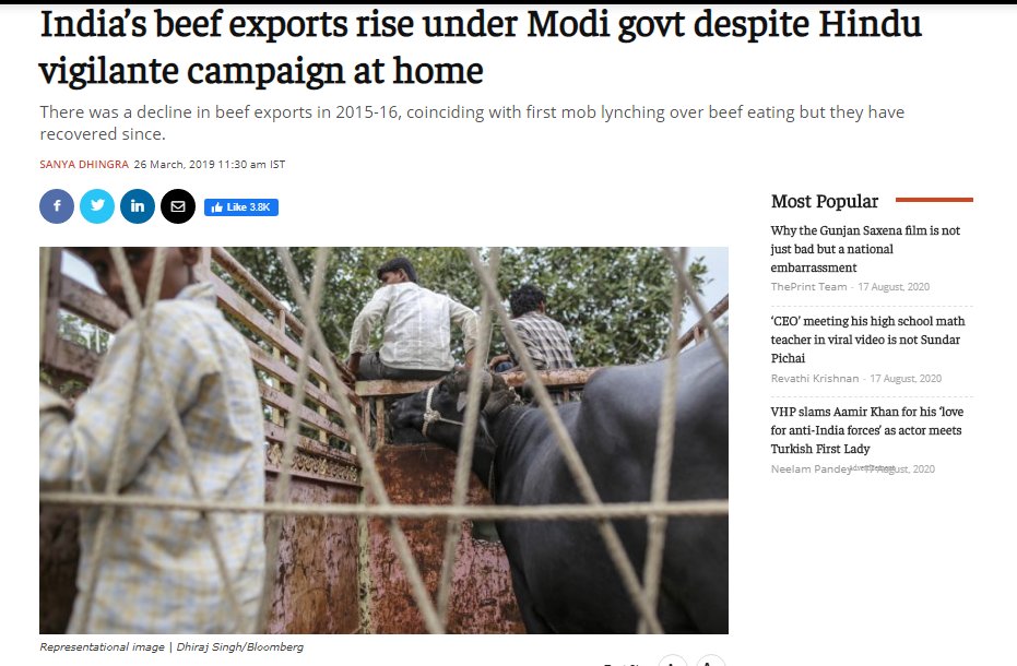 Mar-2019India’s beef exports rise under Modi govt despite Hindu vigilante campaign at home https://theprint.in/economy/indias-beef-exports-rise-under-modi-govt-despite-hindu-vigilante-campaign-at-home/210164/#:~:text=%E2%80%9CIndia%20is%20the%20largest%20beef,Rights%20Watch%20report%20had%20said.