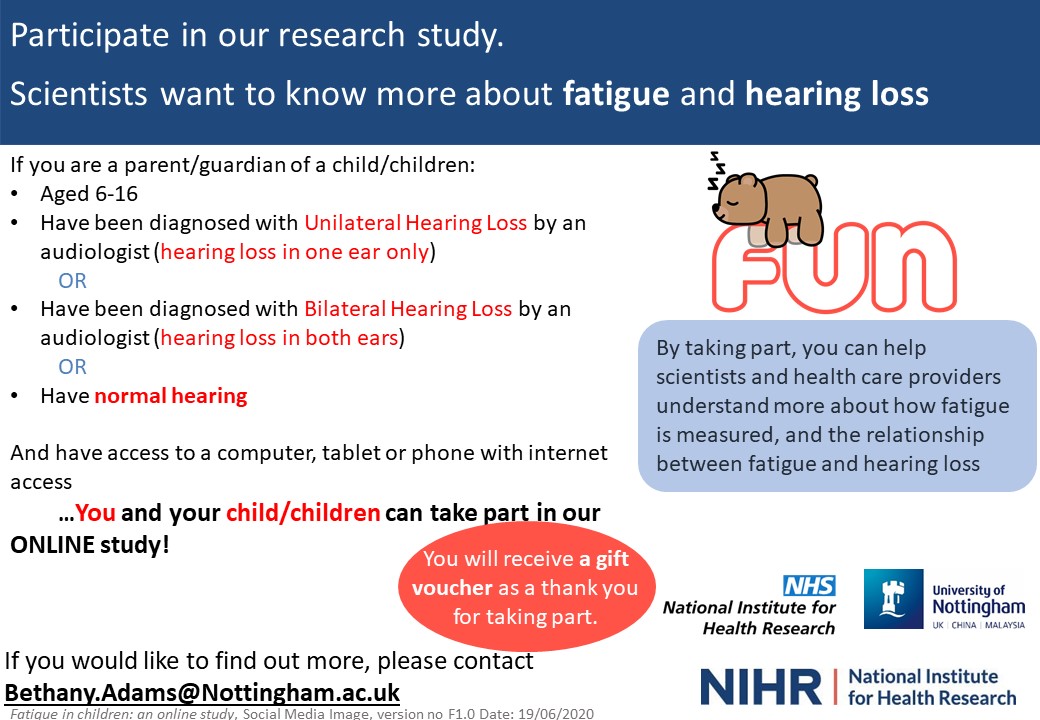 TheFUNStudy's tweet photo. Do you have children aged 6-16? Take part in our online study surrounding fatigue/tiredness and hearing loss! 
Check out our website for more details on how to take part: https://t.co/EaK4nlMsbq

PLEASE RETWEET @RouKat @rebecca_penguin @MrJDexter 
#fatigue #FunStudy #hearingloss https://t.co/waKmURHBhq