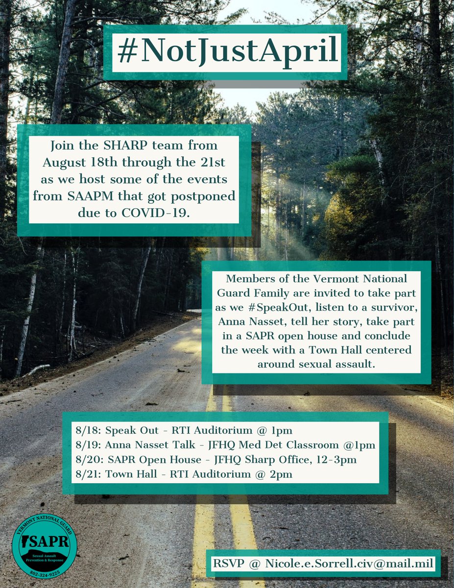 VTNationalGuard's tweet photo. Please join our Sexual Assault Prevention and Response Office as they host several events to raise awareness about Sexual Assault.
#NotJustApril kicks off with a Speak Out: a safe place for Members to come and share their experiences, thoughts and feelings on the topic. https://t.co/xFwytTtvDb