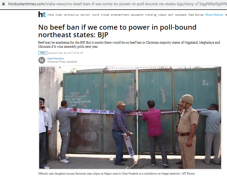 Mar-2017No beef ban if we come to power in poll-bound northeast states: BJP https://www.hindustantimes.com/india-news/no-beef-ban-if-we-come-to-power-in-poll-bound-ne-states-bjp/story-s73qgNWp0gWNf3B6NAJIbM.html https://clarionindia.net/no-beef-ban-if-we-come-to-power-in-poll-bound-northeast-states-bjp/