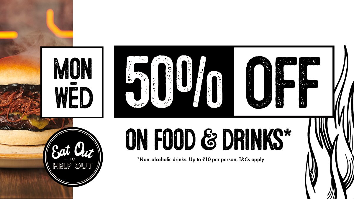 Who's in the mood for 50% off their favourite meal? 🍔 
We're taking part in the Eat Out To Help Out scheme and offering all our guests 50% off food and non-alcoholic drinks (max £10/person) Monday to Wednesday. See you then!
