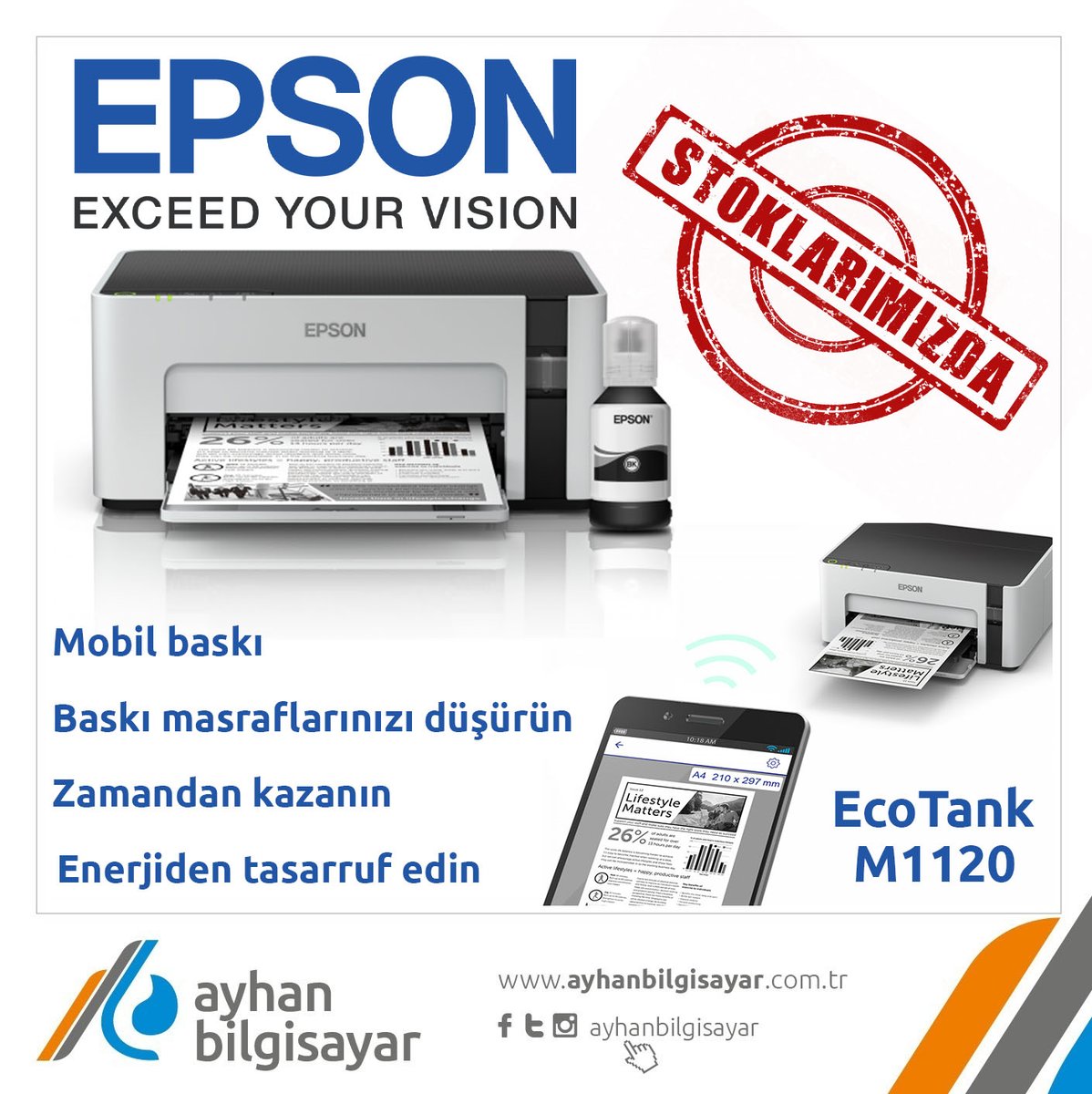 Mürekkep tanklı mono yazıcı
Bu güvenilir, zaman kazandıran ve enerji tasarruflu EcoTank ile mobil baskıdan yararlanın ve maliyetlerinizi düşürün. #epson #epsonm1120