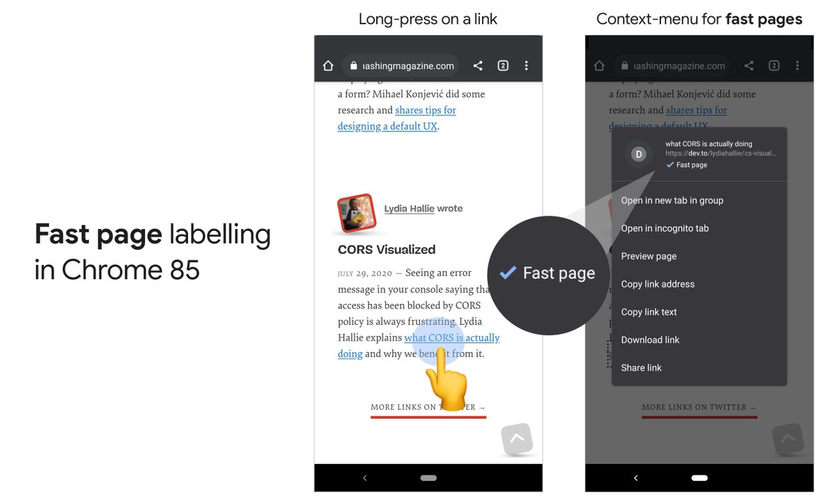 "Fast page" labelling in Chrome 85 Beta being displayed on the link context menu on Chrome for Android after long-pressing on a link.