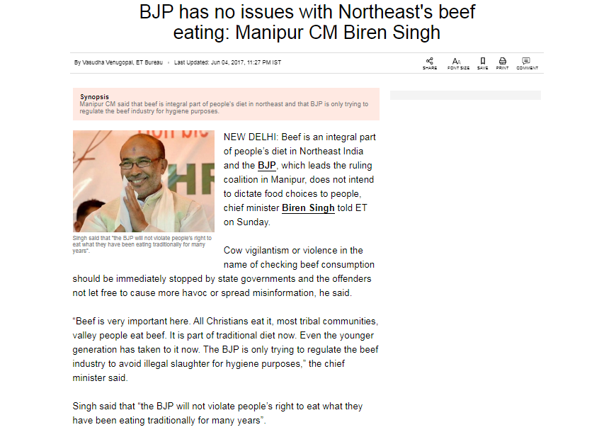 June-2017BJP has no issues with NE's beef eating: Manipur CM Biren Singh https://economictimes.indiatimes.com/news/politics-and-nation/bjp-has-no-issues-with-northeasts-beef-eating-manipur-cm-biren-singh/articleshow/58990216.cms?from=mdr