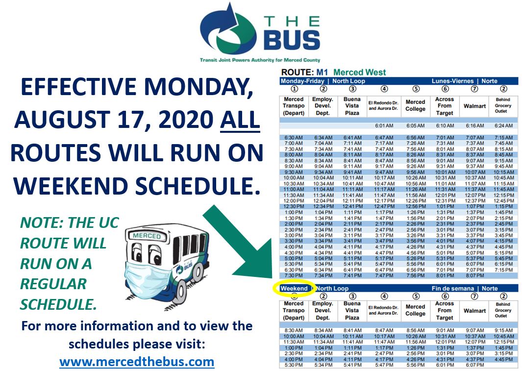 mercedthebus's tweet photo. Reminder: As of today, The Bus will move to a weekend schedule. To receive assistance with trip planning outside of the weekend schedule hours, call 1-800-345-3111. .
#MaskUpMercedCounty
#WearAMask
#TheBus https://t.co/IXvXM4gWoS
