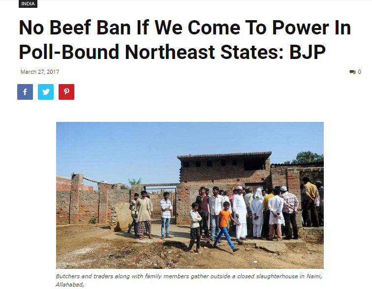 Mar-2017No beef ban if we come to power in poll-bound northeast states: BJP https://www.hindustantimes.com/india-news/no-beef-ban-if-we-come-to-power-in-poll-bound-ne-states-bjp/story-s73qgNWp0gWNf3B6NAJIbM.html https://clarionindia.net/no-beef-ban-if-we-come-to-power-in-poll-bound-northeast-states-bjp/