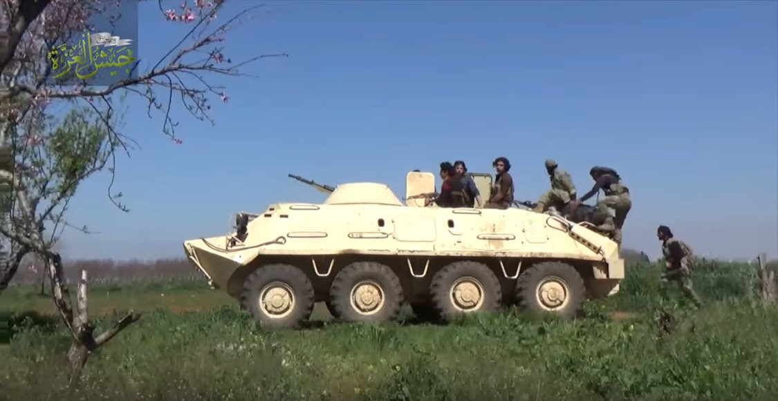 Other than HTS BTR-60s described, AFIK few recent examples of their use despite quite a few captures. Possibly because of known disadvantages: reliability, armour, small doors, high profile. AFIK last egs from 2017. 1 Jaysh al-Izza 2 Jaysh al-Nasr (not modified + possibly same).